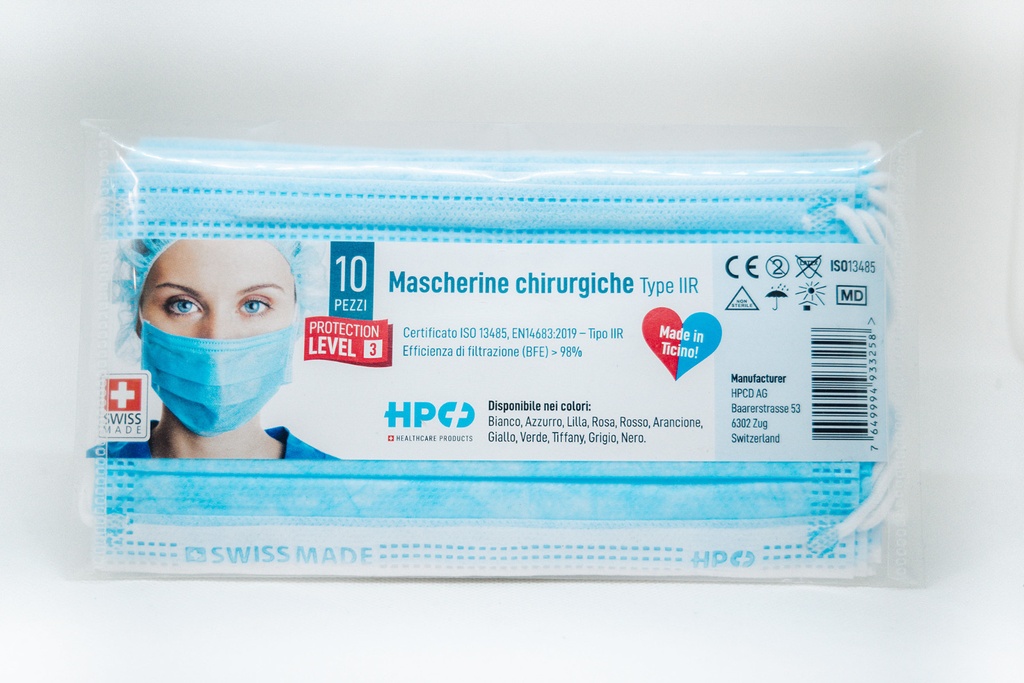 Mascherine Chirurgiche Tipo IIR, Swiss Made, conf. 10x, in busta tascabile, colore Azzurro