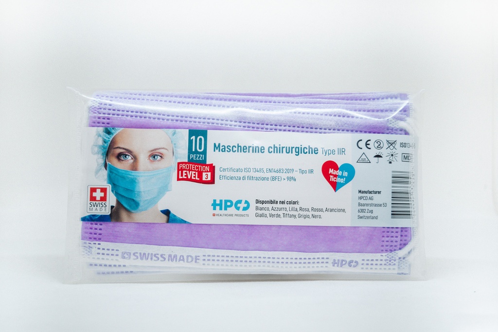 Mascherine Chirurgiche Tipo IIR, Swiss Made, conf. 10x, in busta tascabile, colore Lilla