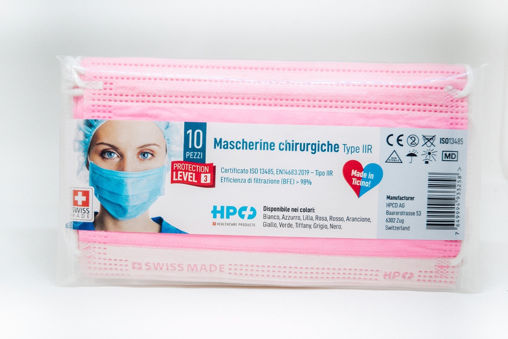 Mascherine Chirurgiche Tipo IIR, Swiss Made, conf. 10x, in busta tascabile, colore Rosa