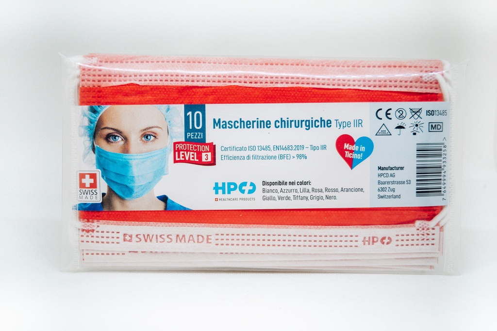 Mascherine Chirurgiche Tipo IIR, Swiss Made, conf. 10x, in busta tascabile, colore Rosso