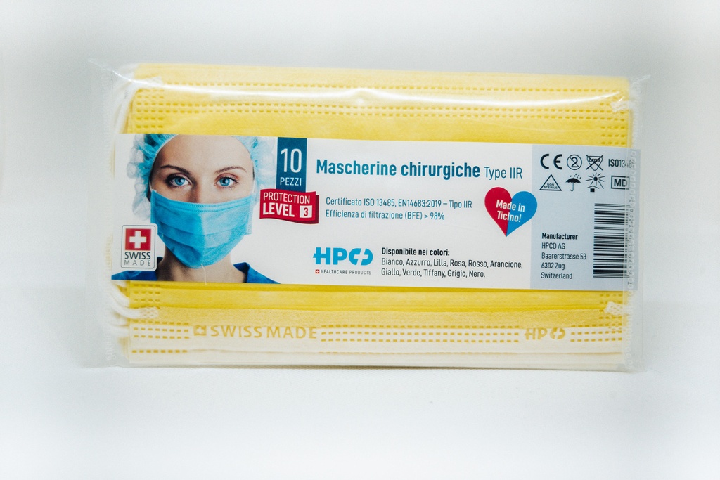 Mascherine Chirurgiche Tipo IIR, Swiss Made, conf. 10x, in busta tascabile, colore Giallo