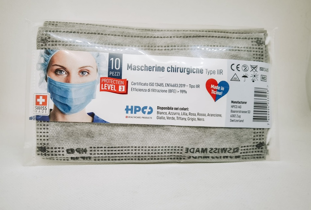 Mascherine Chirurgiche Tipo IIR, Swiss Made, conf. 10x, in busta tascabile, colore Grigio