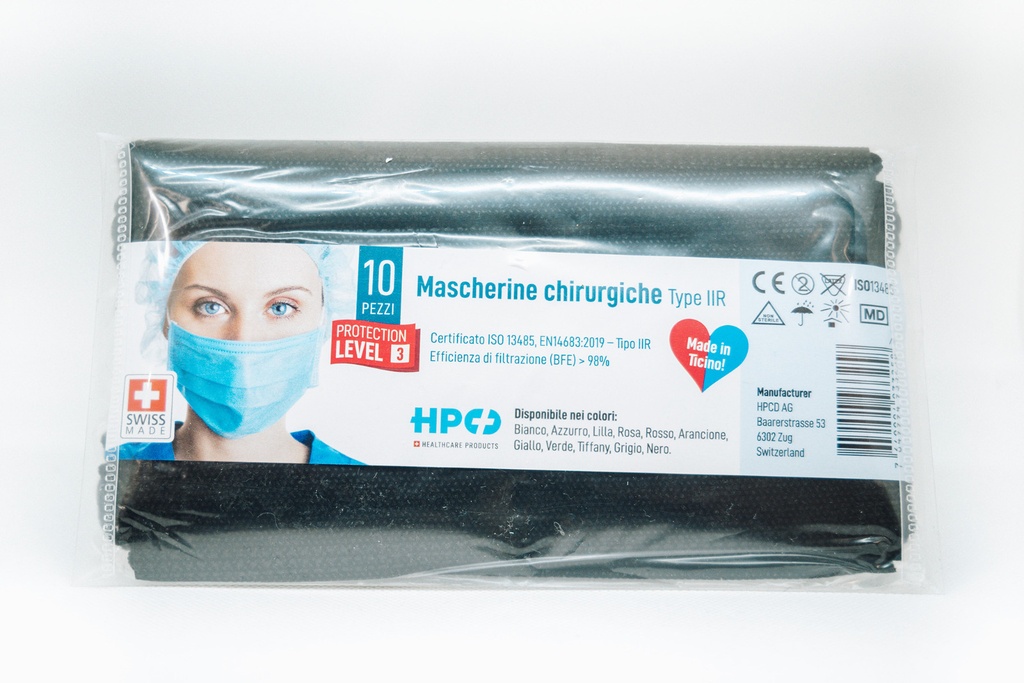 Mascherine Chirurgiche Tipo IIR, Swiss Made, conf. 10x, in busta tascabile, colore Nero