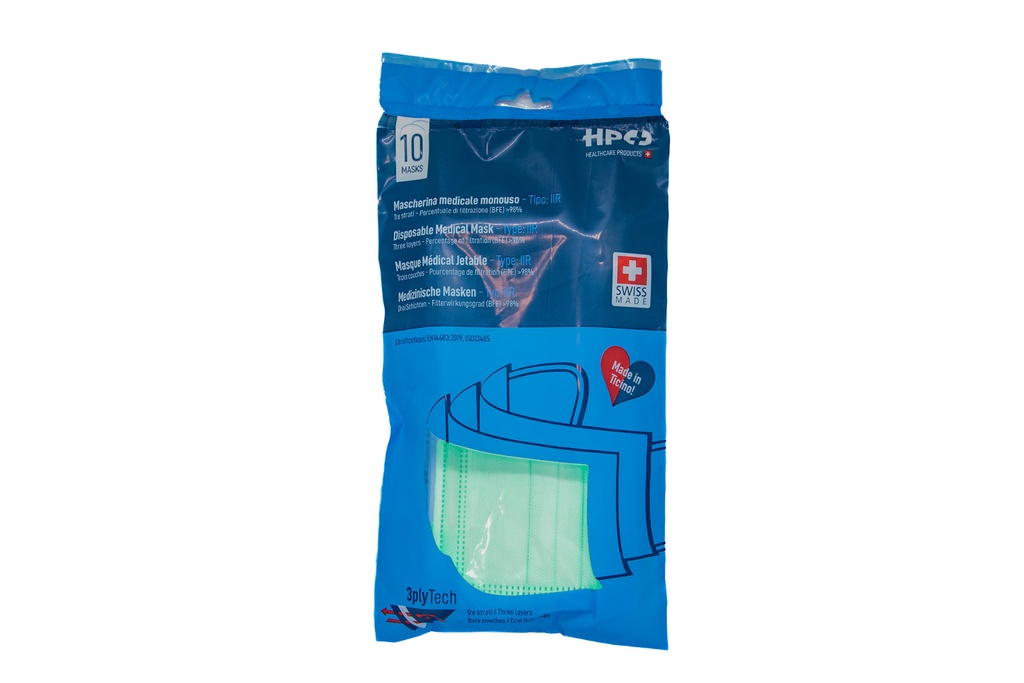 Mascherine Chirurgiche Tipo IIR, Swiss Made, blister 10x, colore Verde